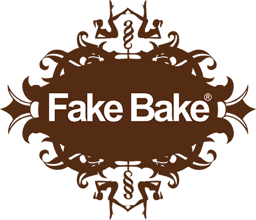 A brown and white logo for fake bake.