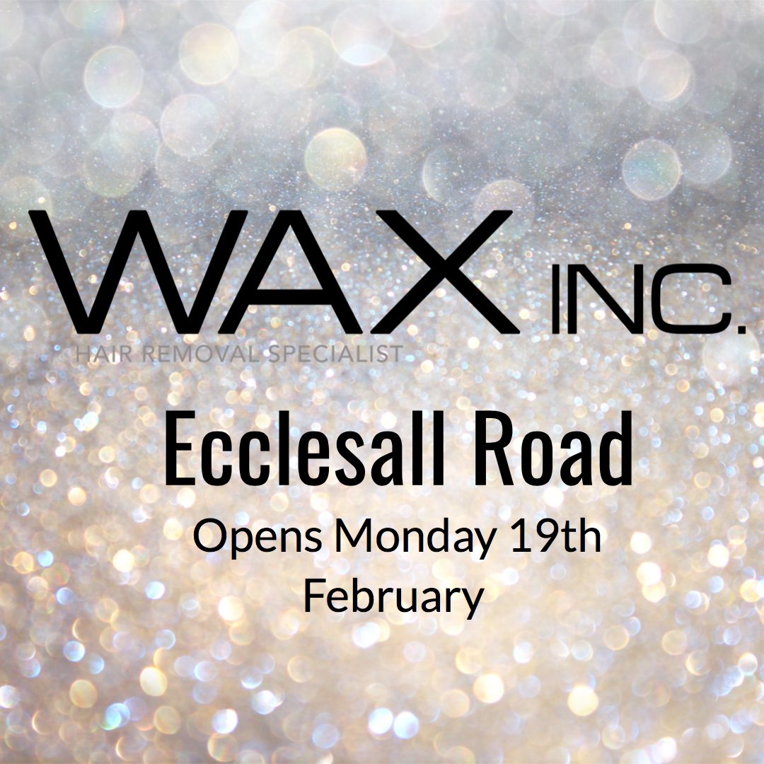 A silver and white background with the words " wax inc. Ecclesall road opens monday 1 9 th february ".