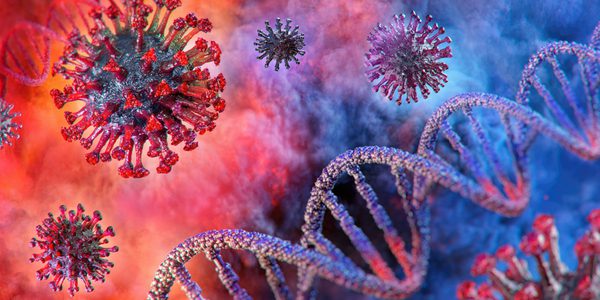 A colorful background with viruses and dna.