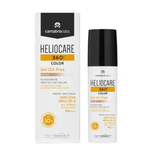 Image of Heliocare 360 Color Gel Oil-Free Beige SPF50 sunscreen, showcasing the product's bottle and packaging. Offers broad-spectrum protection with a natural tint.