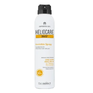 Heliocare® 360° Invisible Spray bottle, providing broad-spectrum UV protection with an invisible finish, suitable for all skin types.