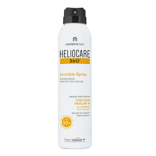 Heliocare® 360° Invisible Spray bottle, providing broad-spectrum UV protection with an invisible finish, suitable for all skin types.