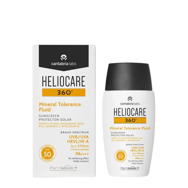 **Heliocare 360 Mineral Tolerance Fluid Product Image:** A sleek white bottle of Heliocare 360 Mineral Tolerance Fluid SPF50, designed for sensitive skin, offering broad-spectrum sun protection with 100% mineral filters. The product is shown with a clean, minimalistic label and packaging, emphasizing its gentle yet effective formula for sun protection.