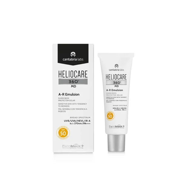 Heliocare 360° MD A-R Emulsion SPF50 packaging and product tube, designed for sensitive skin with a tendency to redness, offering broad-spectrum sun protection.