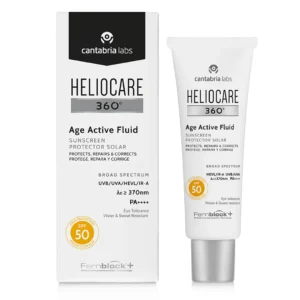 Heliocare Age Active Fluid SPF50 packaging and product tube, offering advanced anti-aging sun protection with a lightweight, hydrating formula."