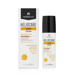 Image of Heliocare 360 Color Gel Oil-Free bronze SPF50 sunscreen, showcasing the product's bottle and packaging. Offers broad-spectrum protection with a natural tint.