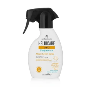Image of Heliocare 360° Pediatrics Atopic Lotion Spray SPF 50. This product is designed to protect and strengthen the skin barrier for children with atopic skin conditions. The lotion offers broad-spectrum sun protection and is water-resistant, making it suitable for sensitive skin.